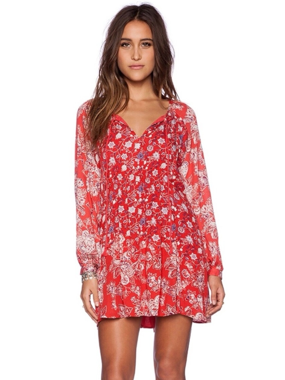 Free People Lucky Loosey Floral Mini Dress XS Boho Babydoll Long Sleeve